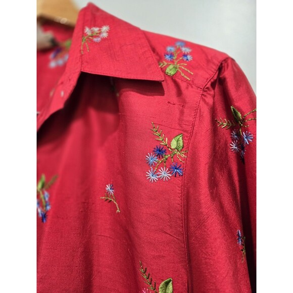 Vtg Neiman Marcus Top Women Red Button Up Shirt Silk Floral Embroidered Small - Picture 4 of 9